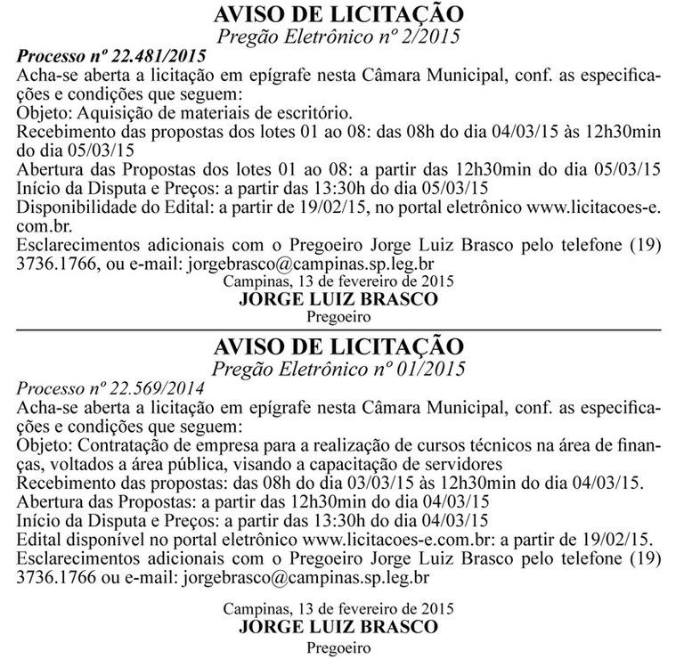 Licitações: câmara abre os dois primeiros pregões do ano
