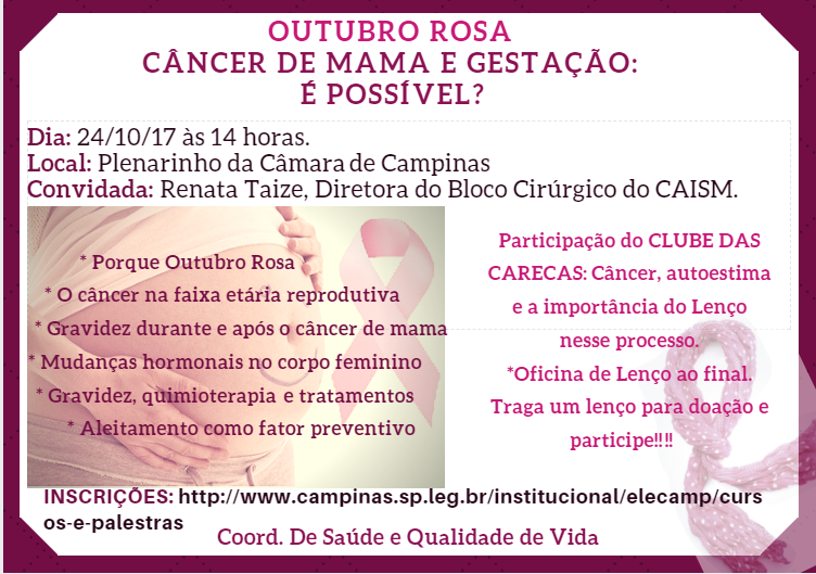 Outubro Rosa: Câmara abriga palestra sobre “Câncer de Mama e Gestação: é possível?”