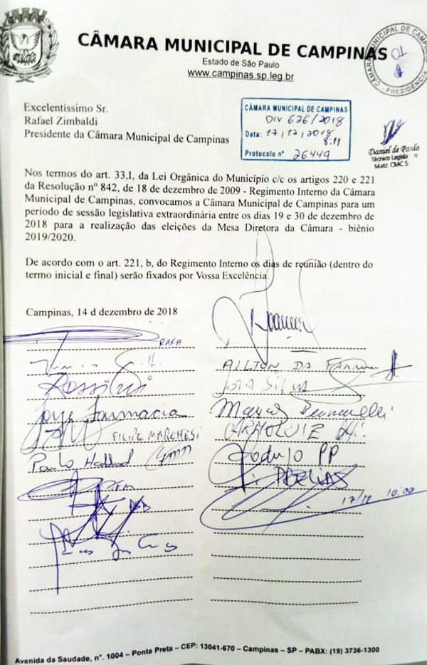 Vereadores protocolam ofício - endossando postura da presidência e Lei orgânica do Município – convocando as eleições da Mesa para período entre 19 e 30 de dezembro