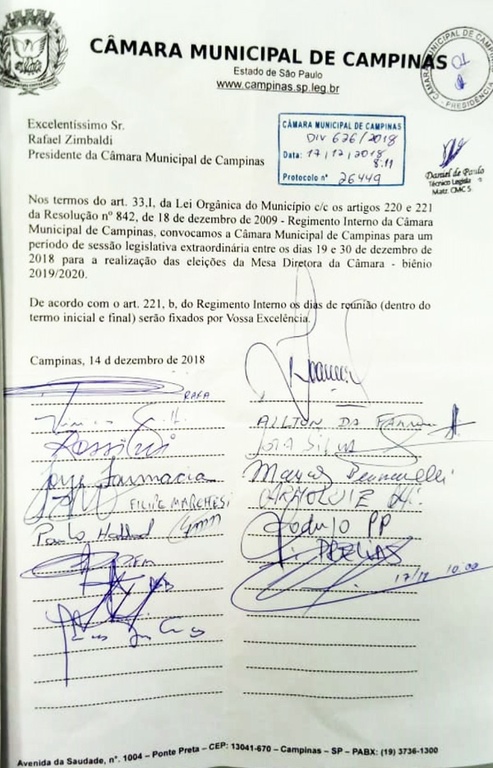 Vereadores protocolam ofício - endossando postura da presidência e Lei orgânica do Município – convocando as eleições da Mesa para período entre 19 e 30 de dezembro