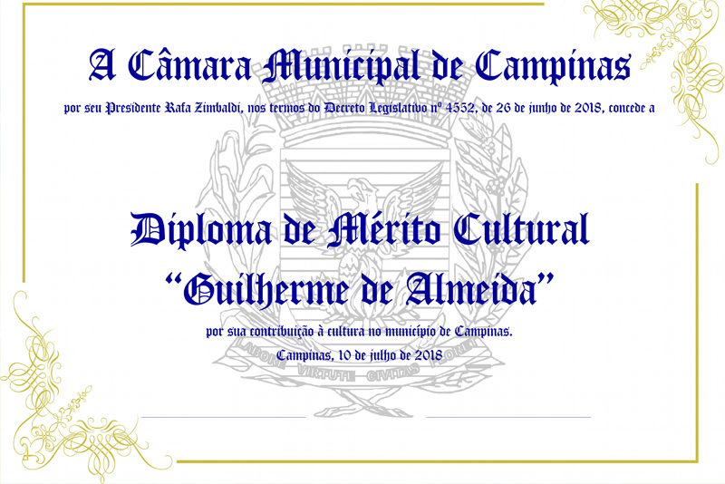 Câmara faz entrega de Diploma de Mérito Cultural na noite desta terça (10) na Academia Campinense de Letras, durante a Semana Guilherme de Almeida