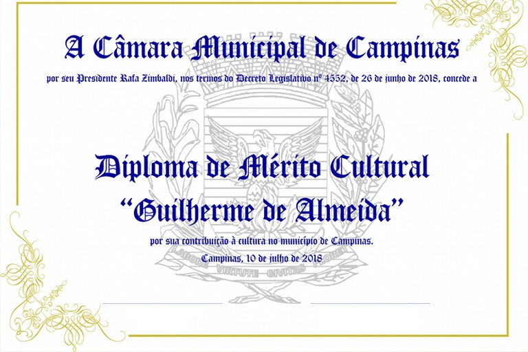 Câmara faz entrega de Diploma de Mérito Cultural na noite desta terça (10) na Academia Campinense de Letras, durante a Semana Guilherme de Almeida