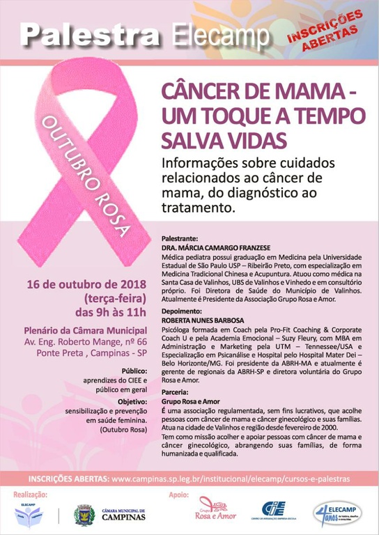 Câmara sedia nesta terça-feira (16) evento especial em prol do Outubro Rosa