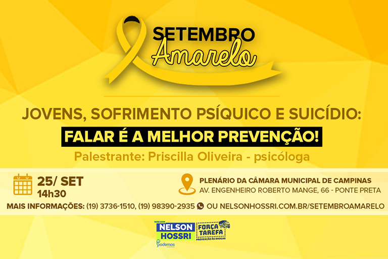 Setembro Amarelo: Câmara abriga nesta terça-feira (25) palestra sobre a importância de falar sobre suicídio