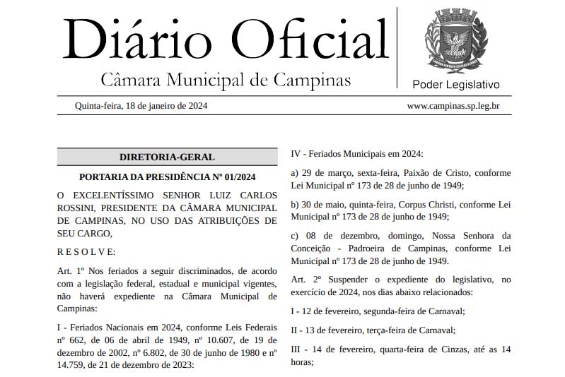 Calendário 2024: Diário Oficial desta quinta (18) traz relação de datas em que a Câmara estará fechada