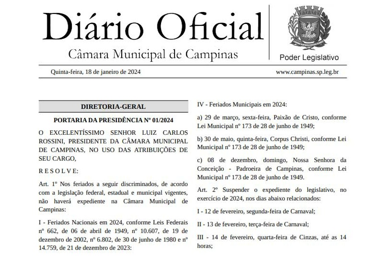 Calendário 2024: Diário Oficial desta quinta (18) traz relação de datas em que a Câmara estará fechada