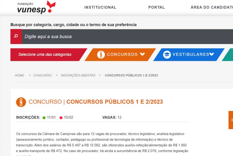 Inscrições para concurso público da Câmara de Campinas terminam neste dia 15/2; prova será em 31/3 e selecionará doze pessoas para vários setores