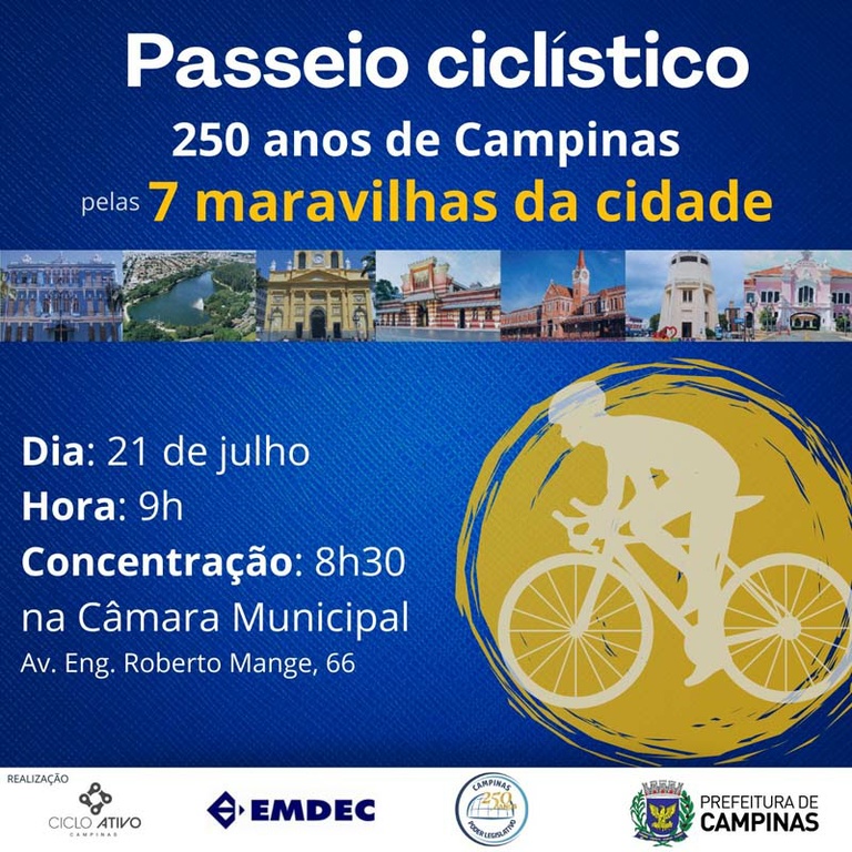 Passeio Ciclístico, neste domingo (21), percorrerá as 7 Maravilhas de Campinas; evento solidário integra comemoração dos 250 anos da cidade