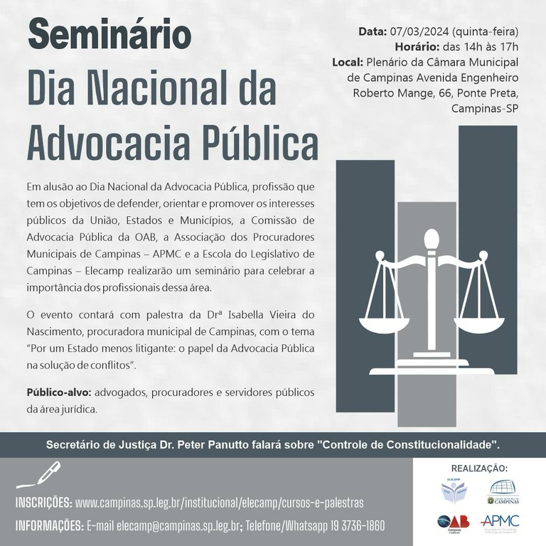 Elecamp e entidades jurídicas promovem seminário pelo Dia Nacional da Advocacia Pública