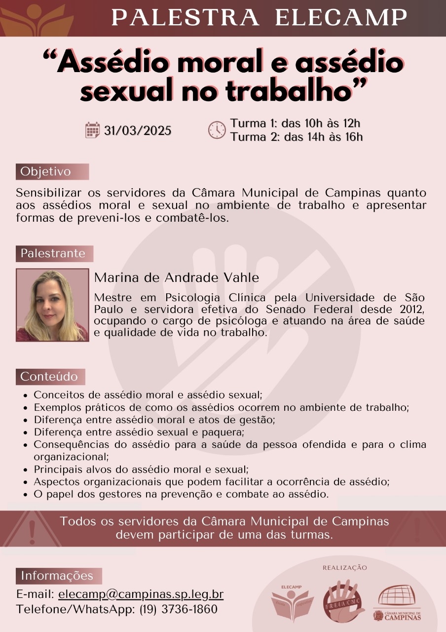 Elecamp promove palestra sobre assédio moral e assédio sexual no trabalho para os servidores