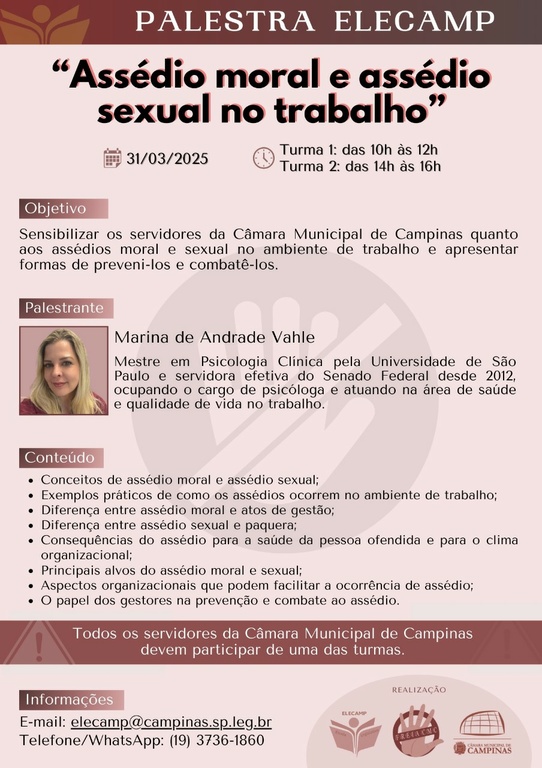 Elecamp promove palestra sobre assédio moral e assédio sexual no trabalho para os servidores