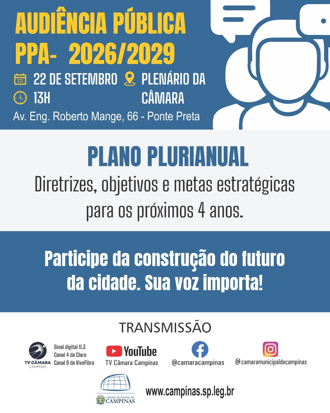 Câmara realiza audiência pública sobre o Plano Plurianual para o quadriênio 2026-2029 no próximo dia 22