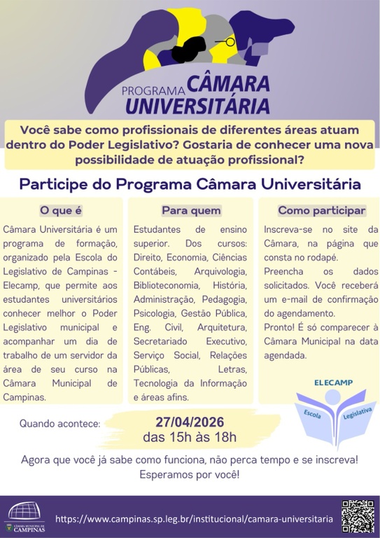 Inscrições para o Câmara Universitária vão até o dia 22; programa permite ao estudante conhecer o funcionamento dos departamentos da Casa 