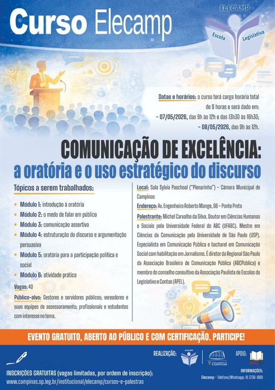 Câmara promove curso de comunicação com ênfase à oratória e ao uso estratégico do discurso