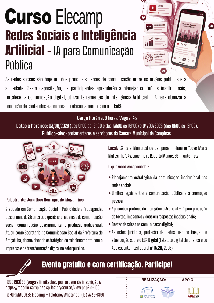 03 e 04/09/2026 - Redes Sociais e Inteligência Artificial IA para Comunicação Pública