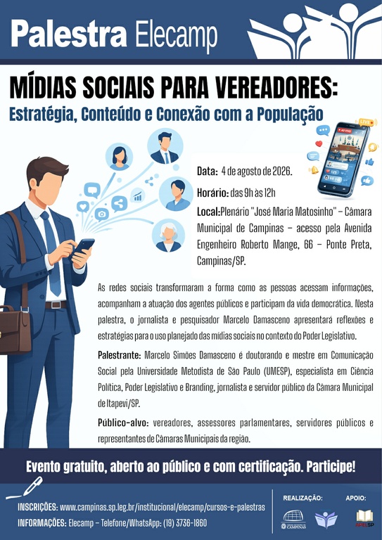 04/08/2026 - Palestra Mídias Sociais para Vereadores: Estratégia, Conteúdo e Conexão com a População
