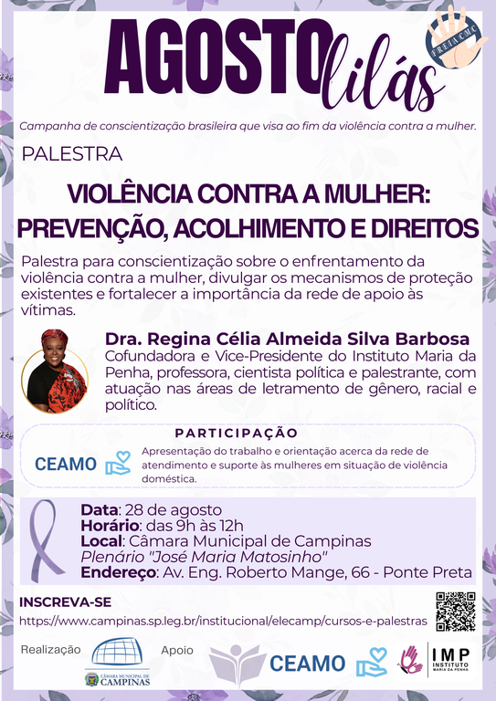 28/08/2026 - Agosto Lilás - Violência contra a Mulher - Prevenção, Acolhimento e Direitos