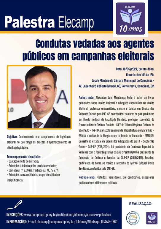 16/05 - Palestra "Condutas vedadas aos agentes públicos em campanhas eleitorais"