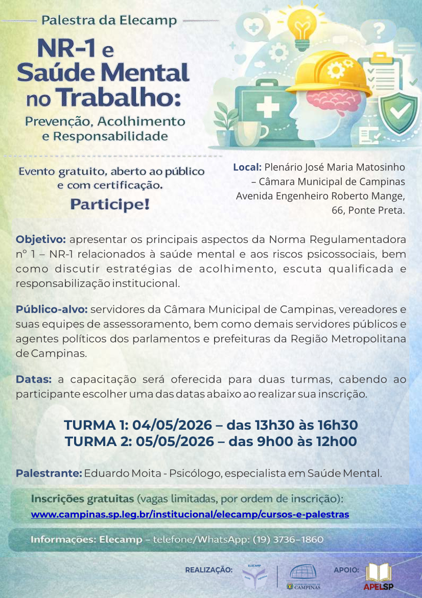 04/05 - Palestra "NR-1 e Saúde Mental no Trabalho: Prevenção, Acolhimento e Responsabilidade"