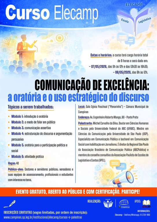 07 e 08/05 - Curso “COMUNICAÇÃO DE EXCELÊNCIA: a oratória e o uso estratégico do discurso”